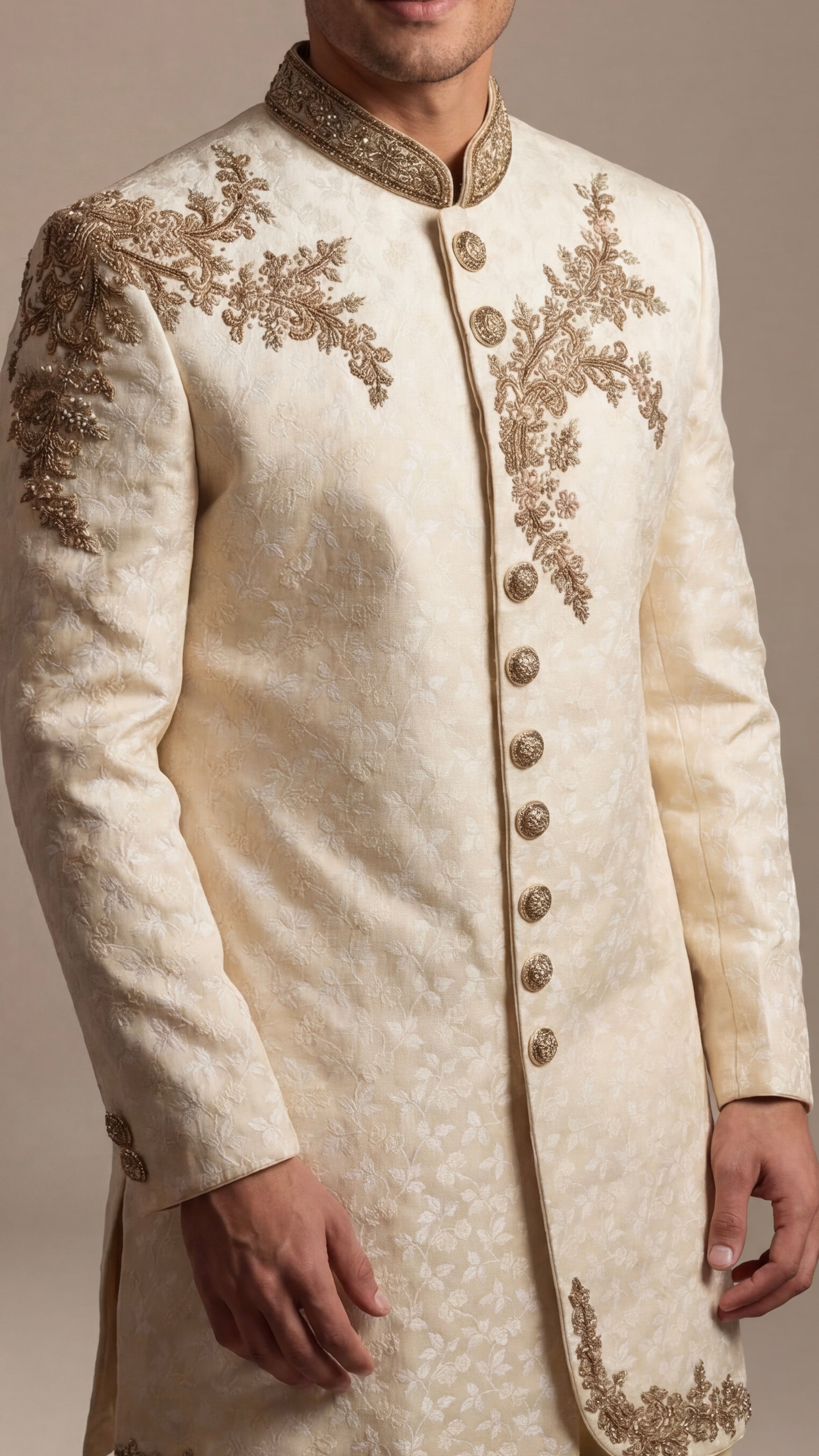 Ivory Gold Embroidered Sherwani Set