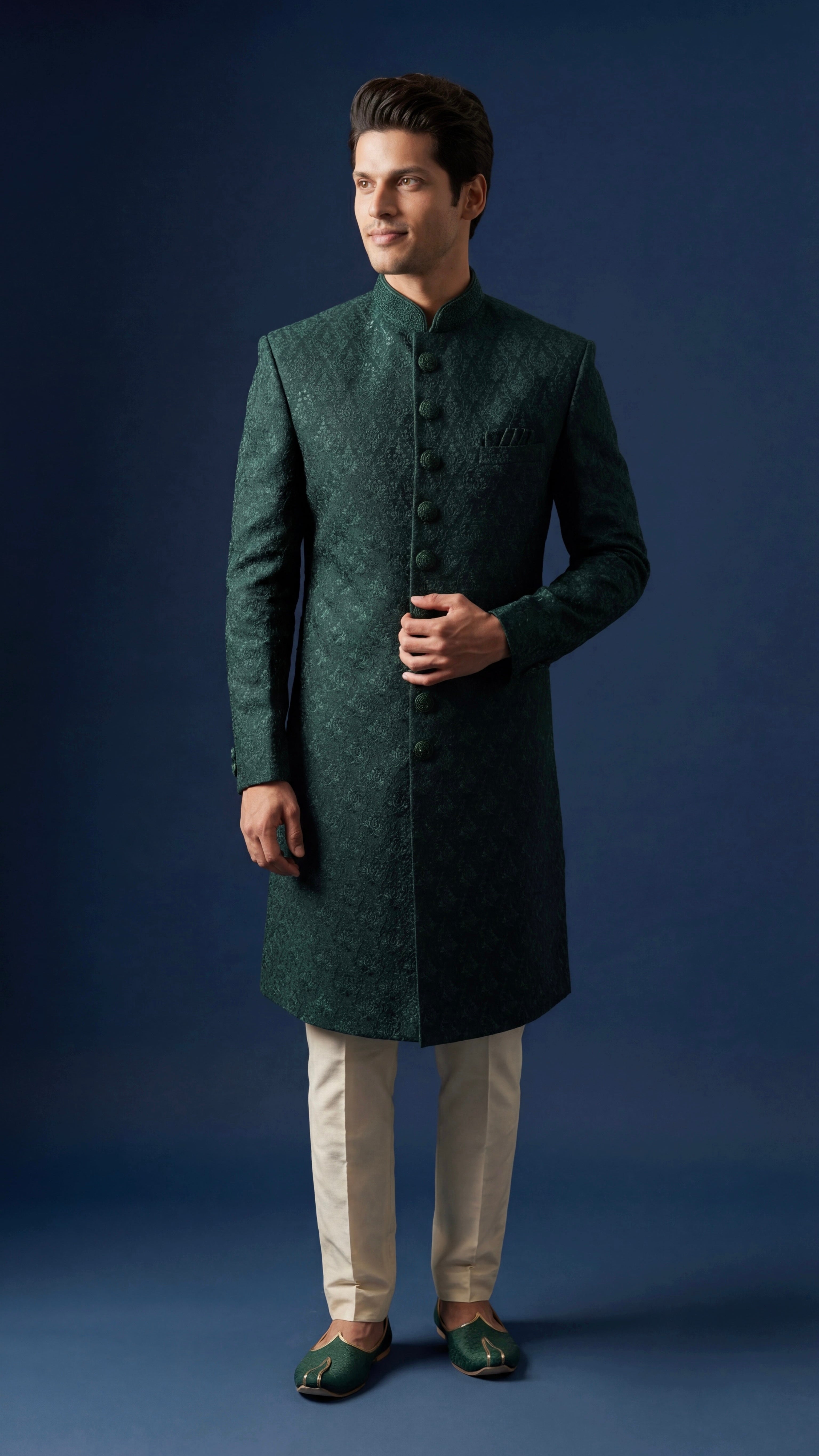 Forest Green Sherwani Set For Men