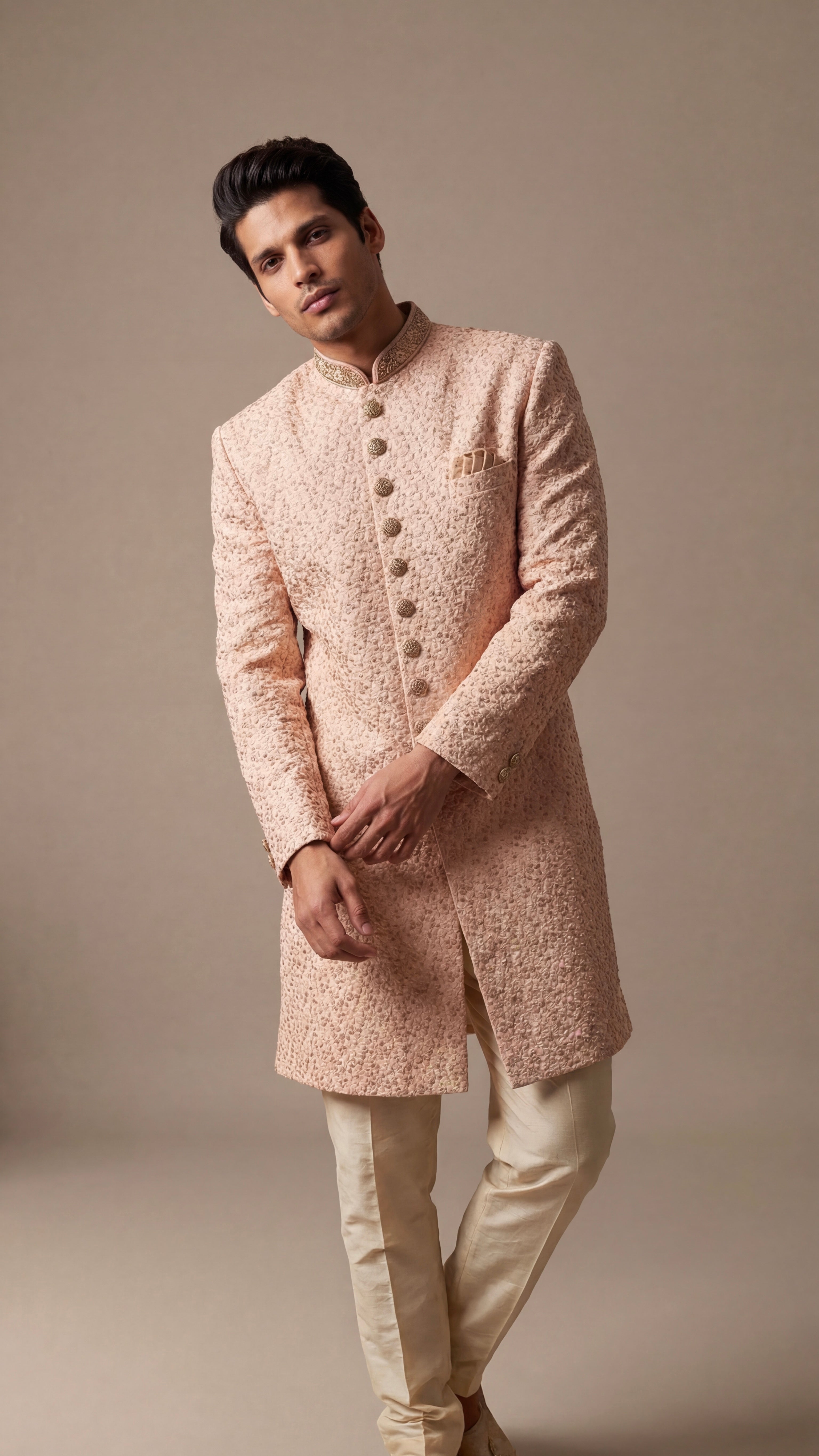 Soft Peach Textured Sherwani Set