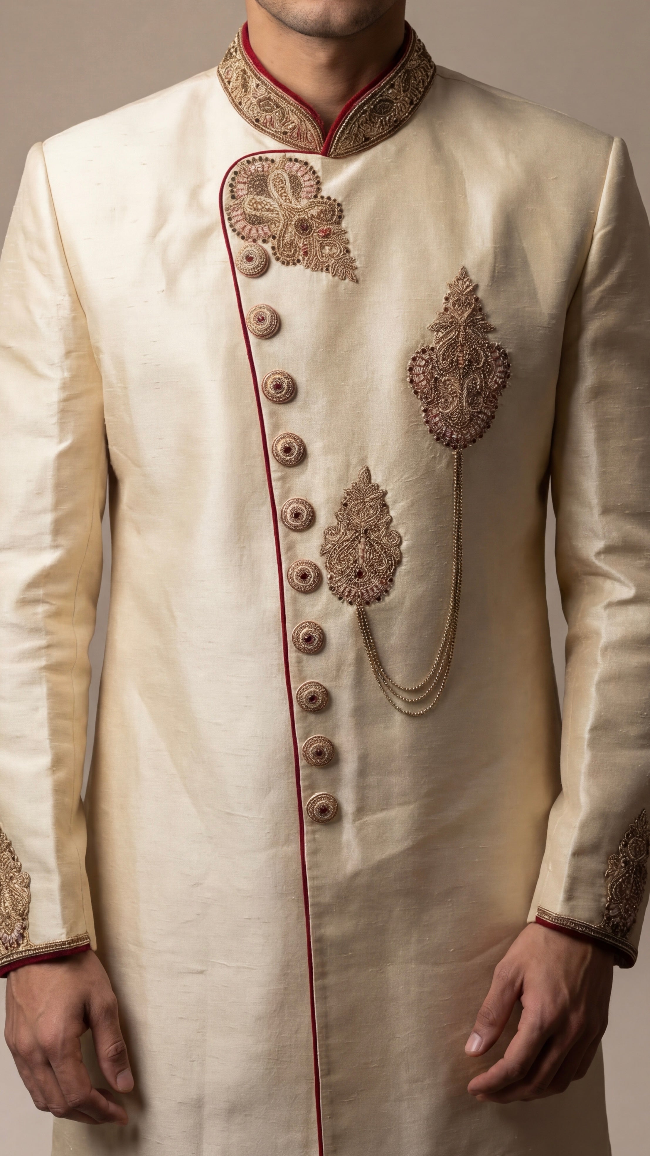 Cream Red Heritage Sherwani Set