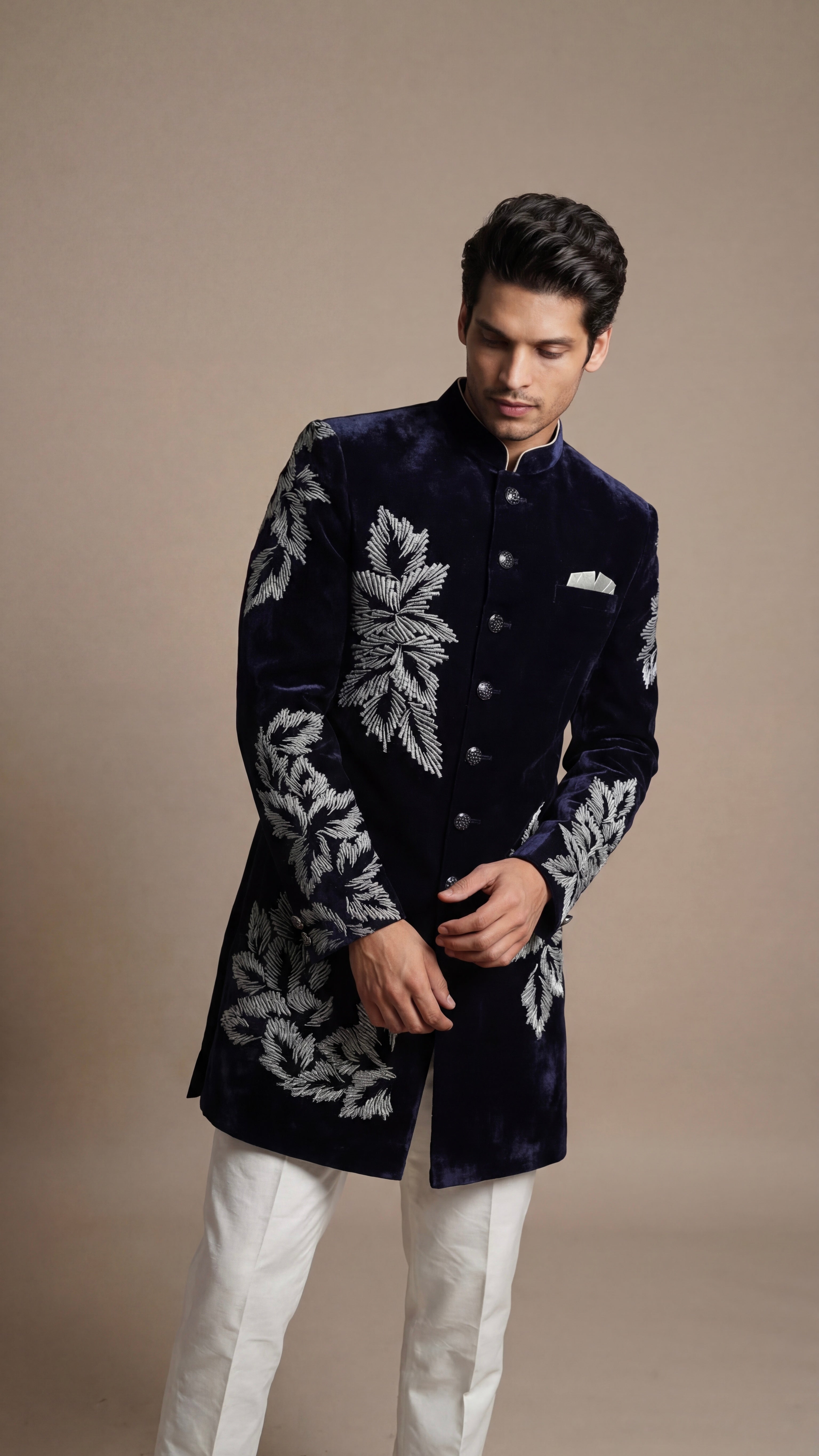 Midnight Blue Velvet Sherwani Set