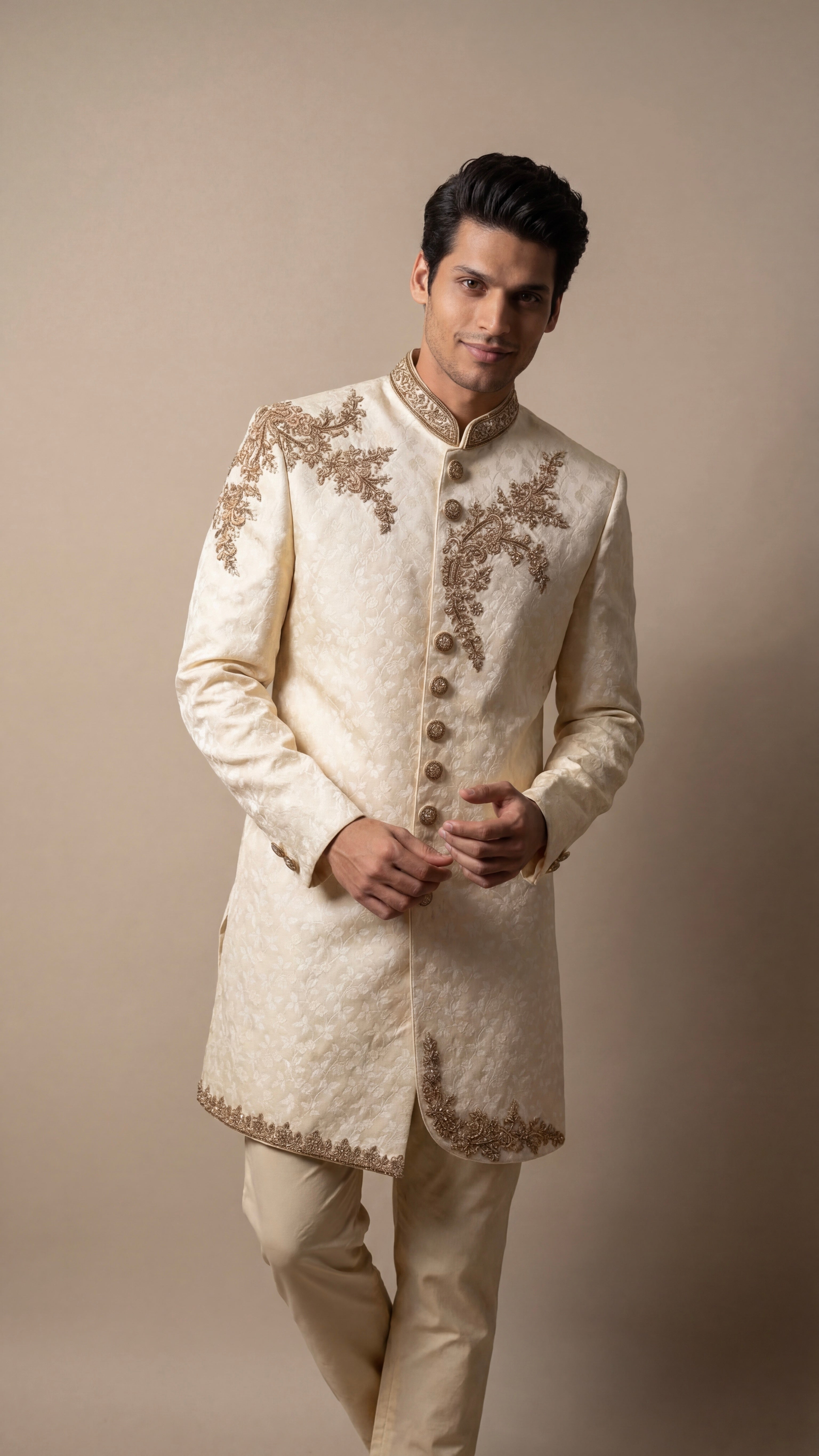 Ivory Gold Embroidered Sherwani Set