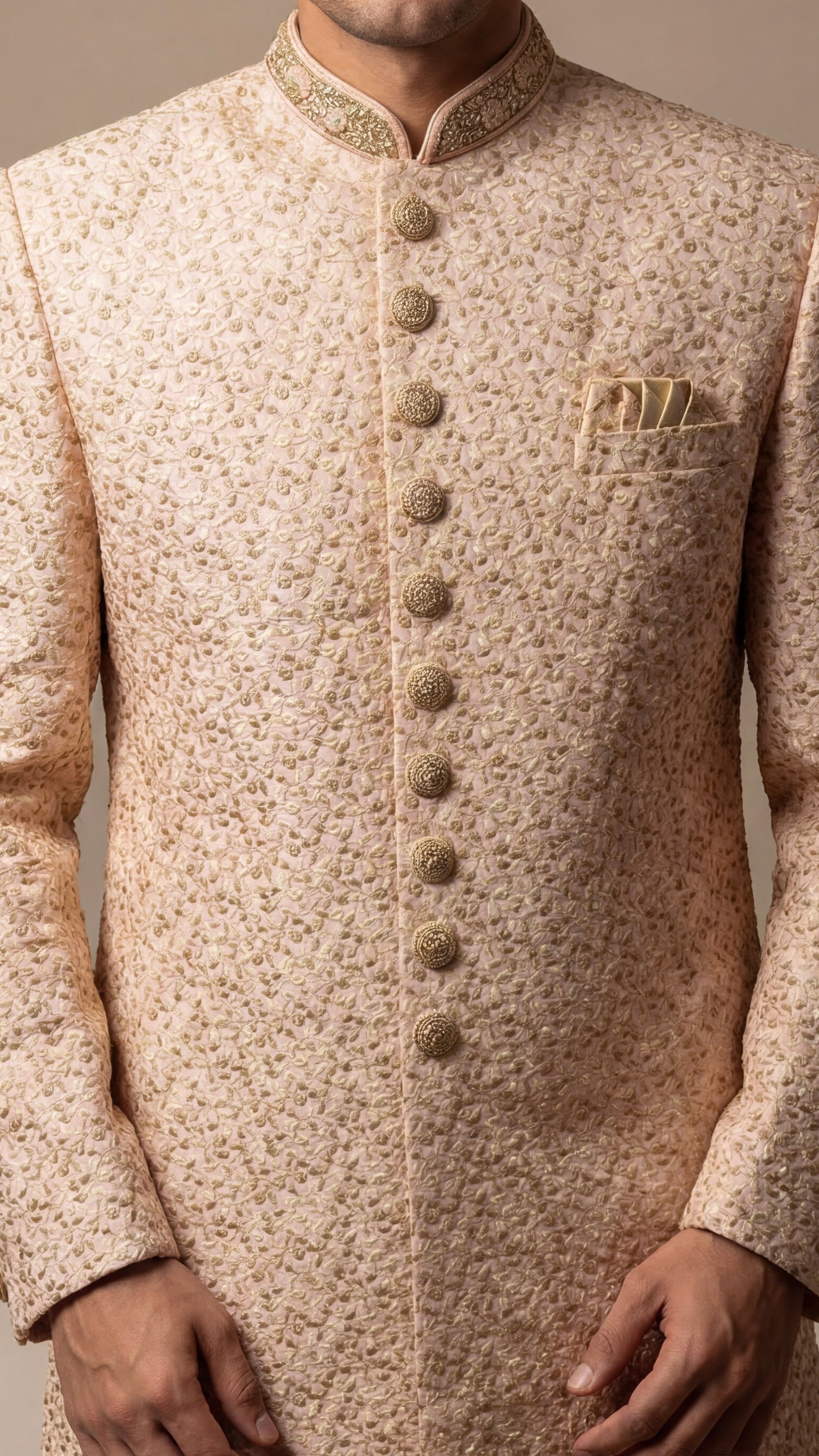 Soft Peach Textured Sherwani Set