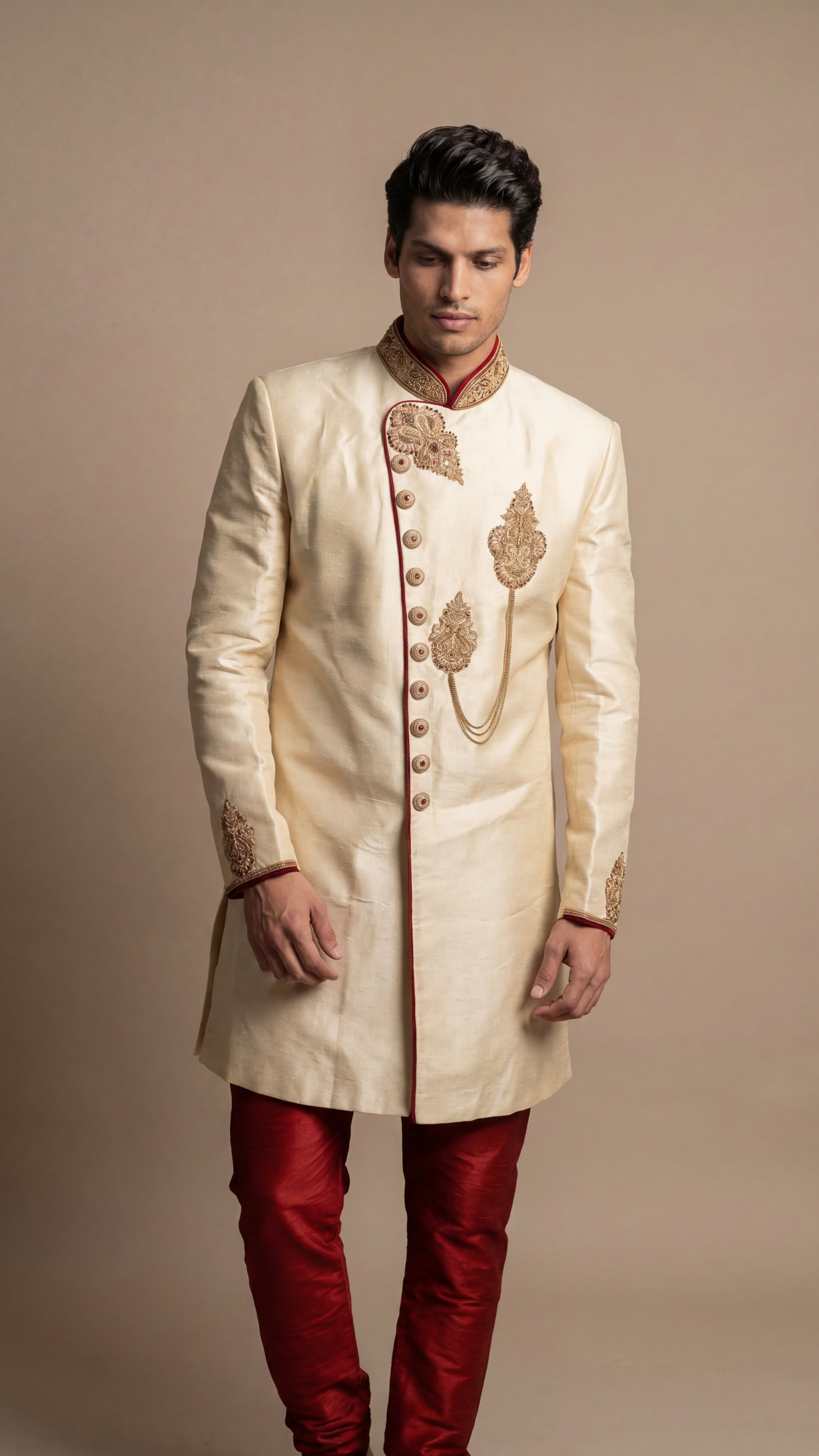 Cream Red Heritage Sherwani Set